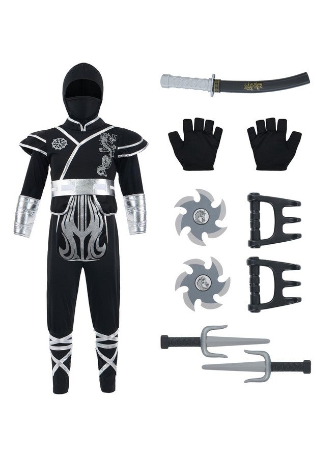 Kids Silver Ninja Costume Child Boy Dragon Patterns Ninja Costume For Kids Toddler Halloween Dress Up Party (Medium (810Yr))