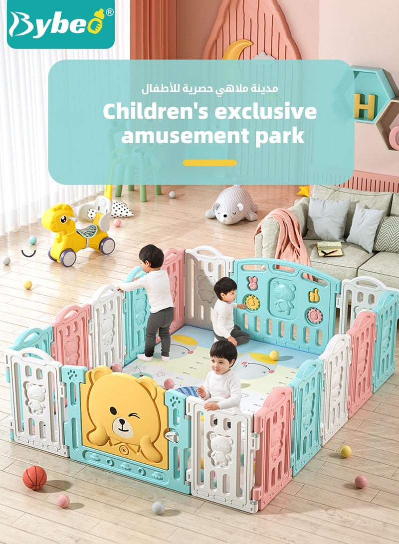 Baby Playpen, Foldable Babies Playards for Toddlers with Gate and Game Board, Safety Infant Activity Center, Sturdy Play Area, Macaron Colors and Patterns, Perfect Child's Gift,16 Panel