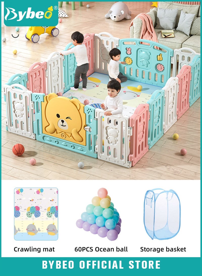 Baby Playpen, Foldable Babies Playards for Toddlers with Gate and Game Board, Safety Infant Activity Center, Sturdy Play Area, Macaron Colors and Patterns, Perfect Child's Gift,16 Panel