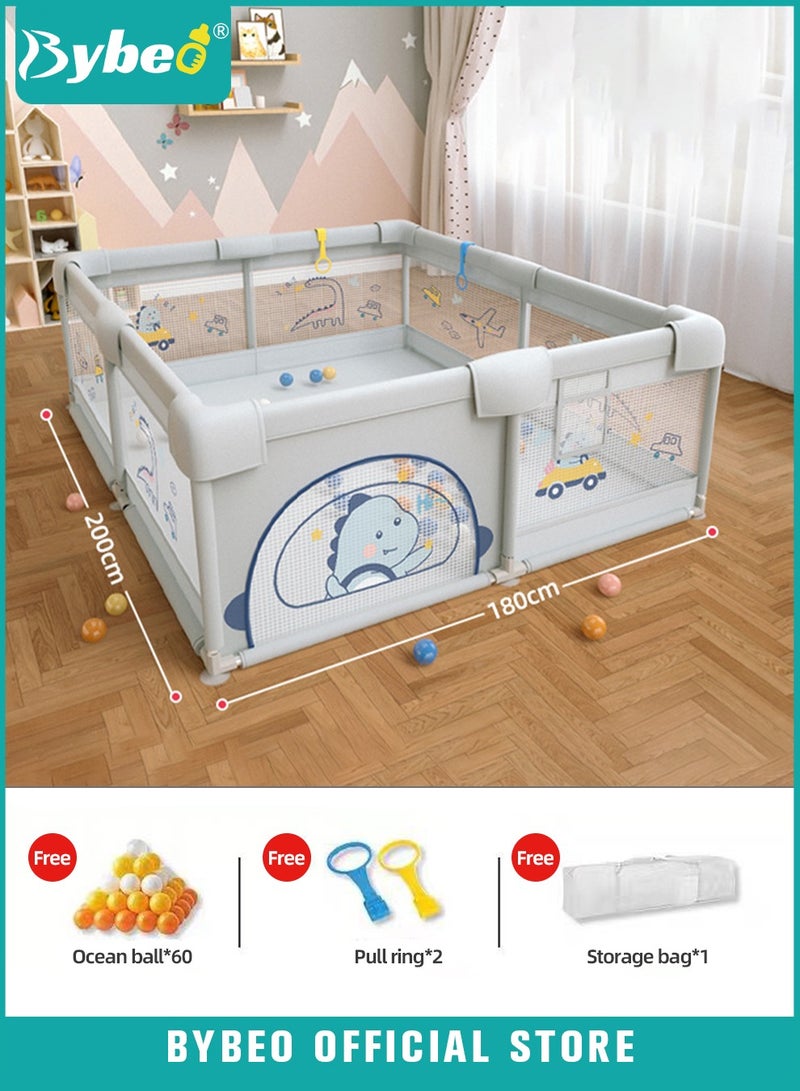 Baby Playpen Fence, Portable Babies Playards for Toddlers, Safety Infant Activity Center,  Sturdy Play Area, with 2 Pull Rings, 60 Marine Balls and Storage Bag, 180x200cm
