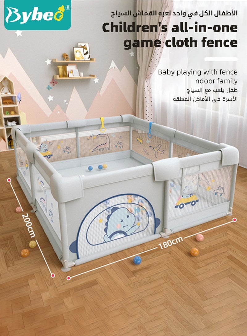 Baby Playpen Fence, Portable Babies Playards for Toddlers, Safety Infant Activity Center,  Sturdy Play Area, with 2 Pull Rings, 60 Marine Balls and Storage Bag, 180x200cm