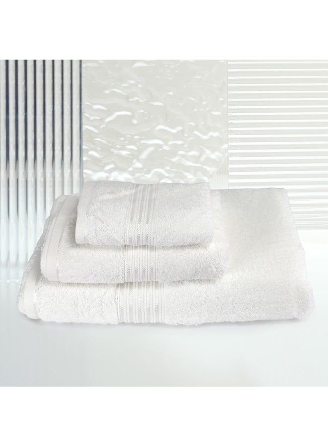 3 Pcs Events White Towel set 550 GSM 100% Cotton Terry Viscose Border 1 Bath Towel (75x145) cm 1 Hand Towel (50x90) cm 1 Face Towel (33x33) cm Premiun Look Luxury Feel Extremely Absorbent White Color