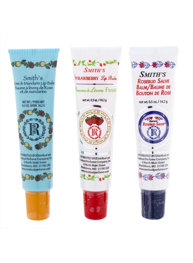 Tube 3 Pack: Smith's Rosebud Salve + Smith's Strawberry Lip Balm + Smith's Rose and Mandarin Lip Balm