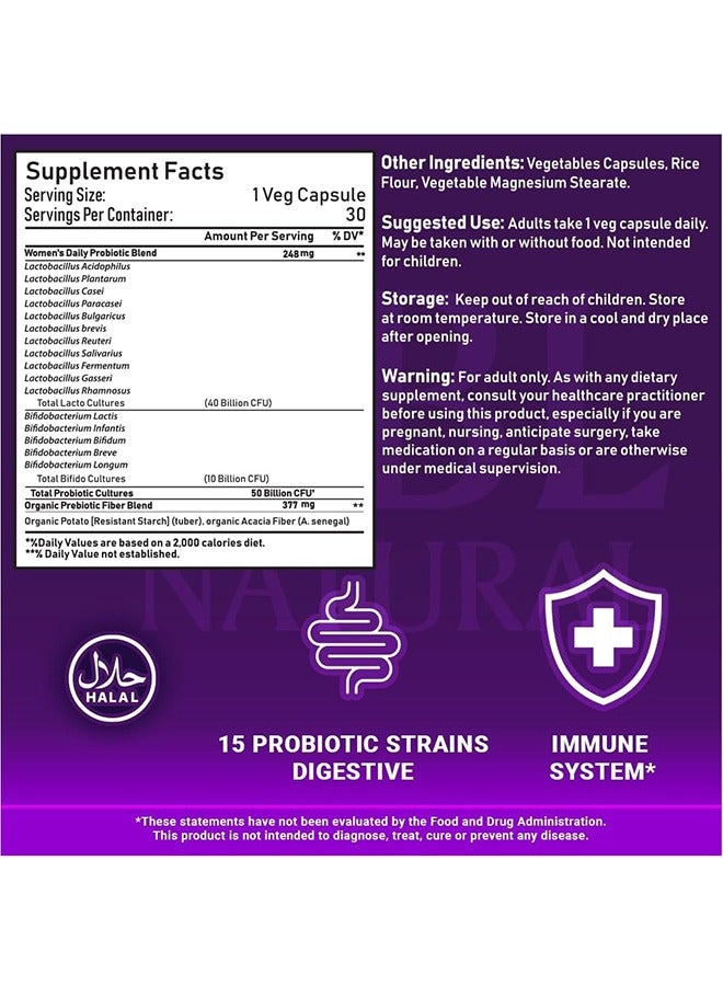 Once Daily Probiotics for Women & Prebiotics, 50 Billion CFU for Women’s Daily Digestive & Immune Health, 16 Probiotic Strains, 30 Capsules