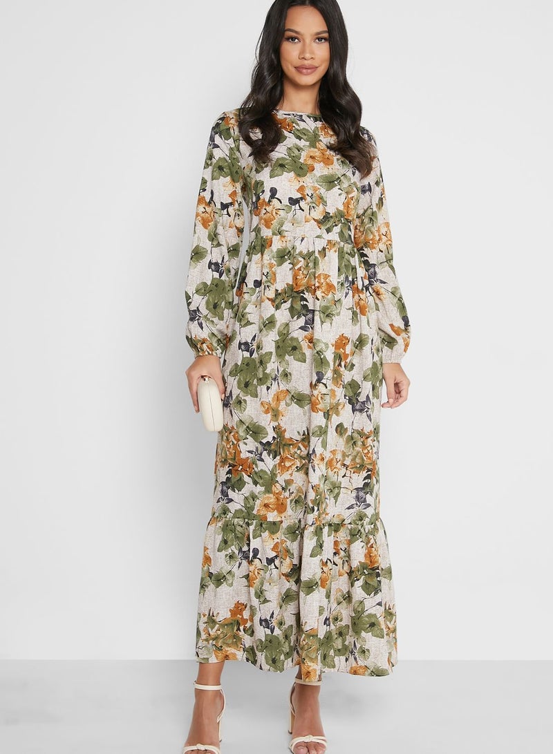 Floral Print Shirred Dress