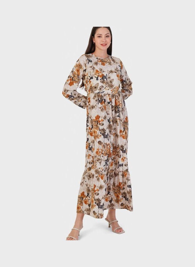 Balloon Sleeve Floral Print Dress Beige