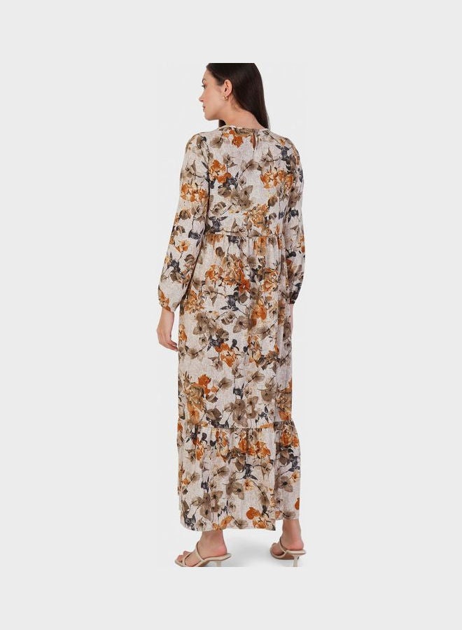 Balloon Sleeve Floral Print Dress Beige