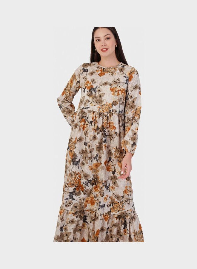 Balloon Sleeve Floral Print Dress Beige