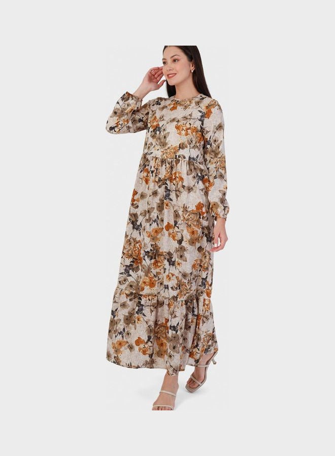 Balloon Sleeve Floral Print Dress Beige