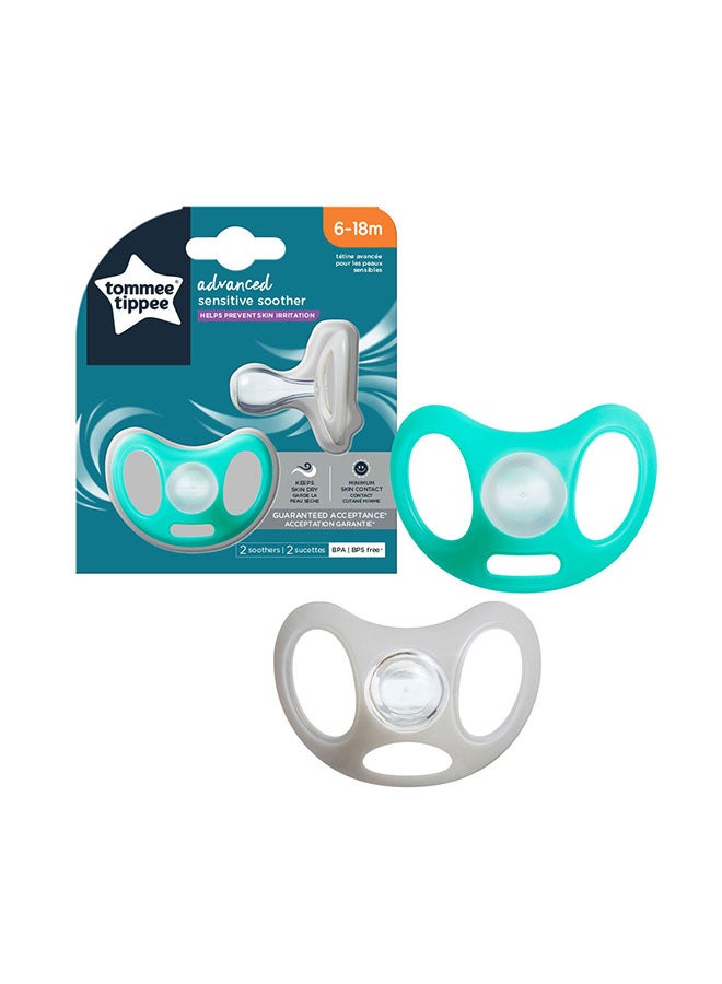 Pack Of 2 Advanced Sensitive Skin Soother Unique Shield Symmetrical Orthodontic Design 6-18 Months Green And Grey