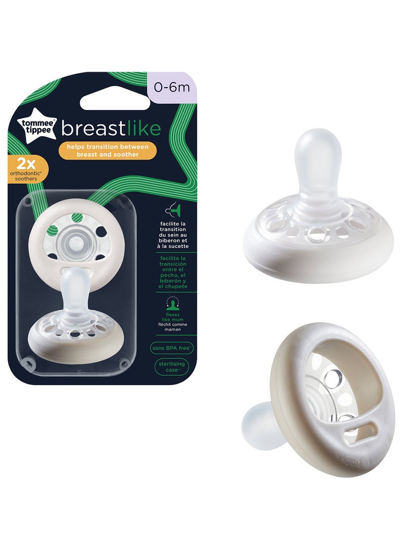 Pack Of 2 Breast-Like Soother Skin-Like Texture Symmetrical Orthodontic Design BPA-Free Includes Sterilizer Box For 0-6m - Assorted