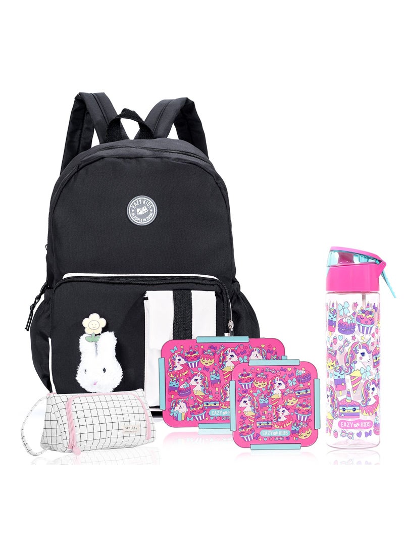 Eazy Kids School Bag Combo Set of 5 Unicorn-Pink Black