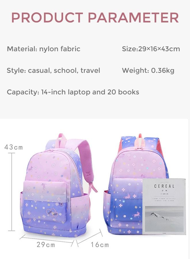 3pcs Printed Graphic Cute Functional Backpack Set Large Capacity Schoolbag and Shoulder Bag and Pencil Case for Kids/Girls Dark Purple/Pink