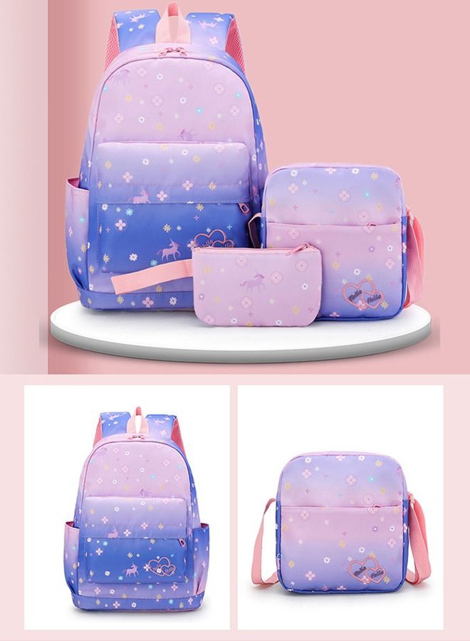 3pcs Printed Graphic Cute Functional Backpack Set Large Capacity Schoolbag and Shoulder Bag and Pencil Case for Kids/Girls Dark Purple/Pink