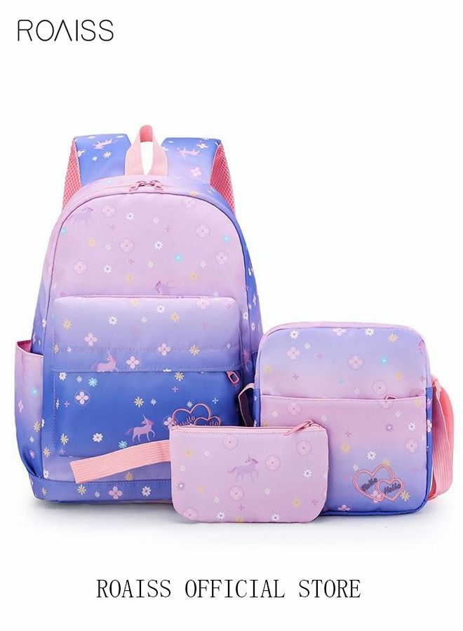 3pcs Printed Graphic Cute Functional Backpack Set Large Capacity Schoolbag and Shoulder Bag and Pencil Case for Kids/Girls Dark Purple/Pink