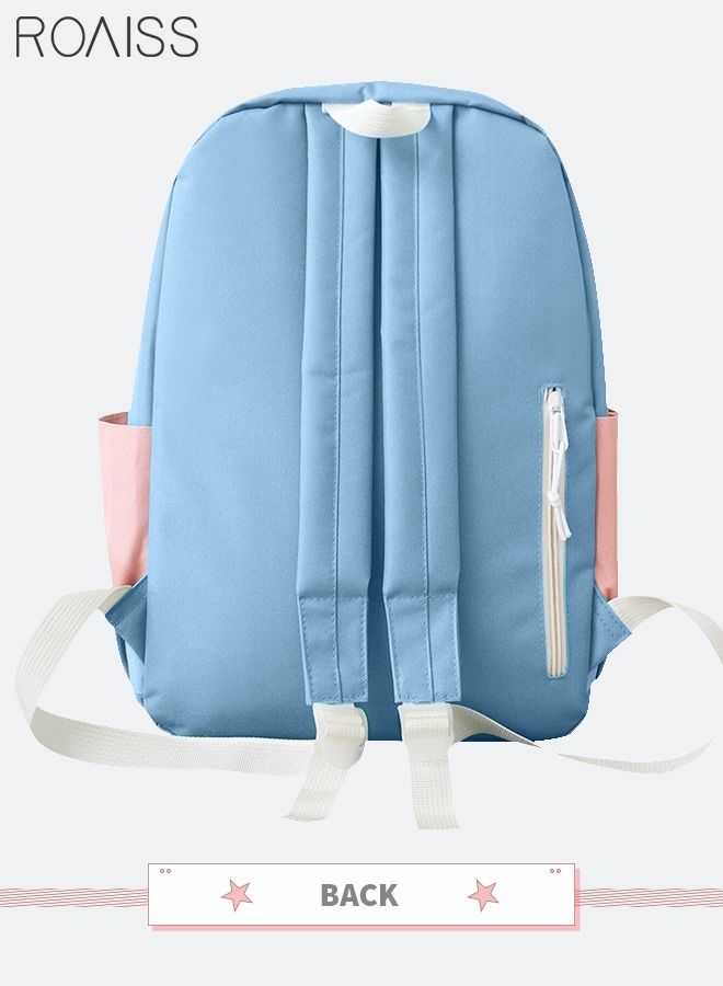 5 Pcs Letter Graphic Colorblock Backpack Set Cute Sweet Large Capacity Canvas School Bag Shoulder Totes Pencil Case for Kids Girls Middle High Students Blue Pink