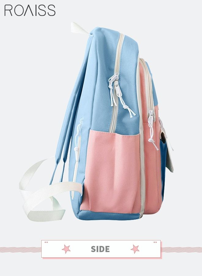 5 Pcs Letter Graphic Colorblock Backpack Set Cute Sweet Large Capacity Canvas School Bag Shoulder Totes Pencil Case for Kids Girls Middle High Students Blue Pink