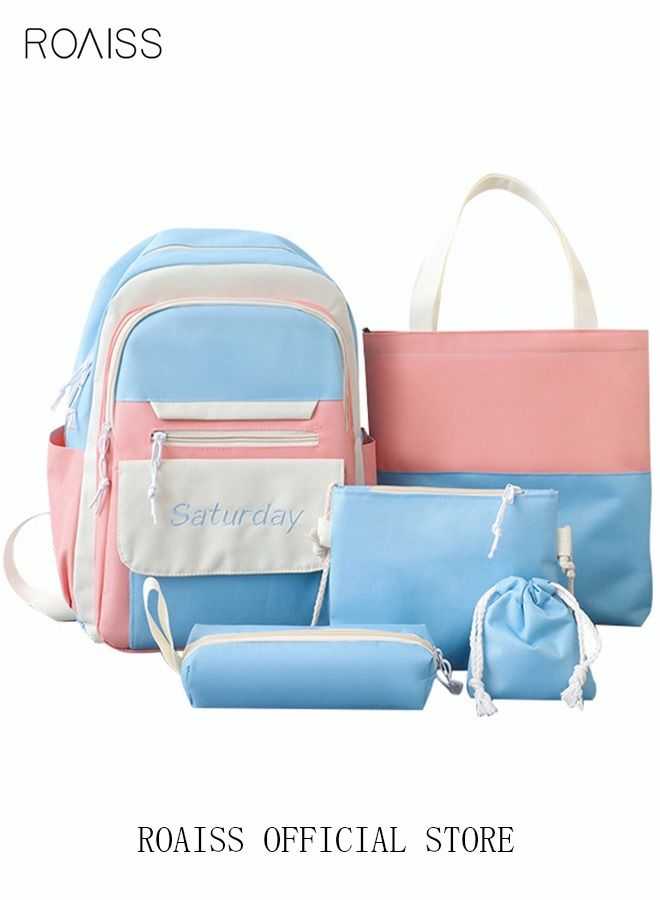 5 Pcs Letter Graphic Colorblock Backpack Set Cute Sweet Large Capacity Canvas School Bag Shoulder Totes Pencil Case for Kids Girls Middle High Students Blue Pink