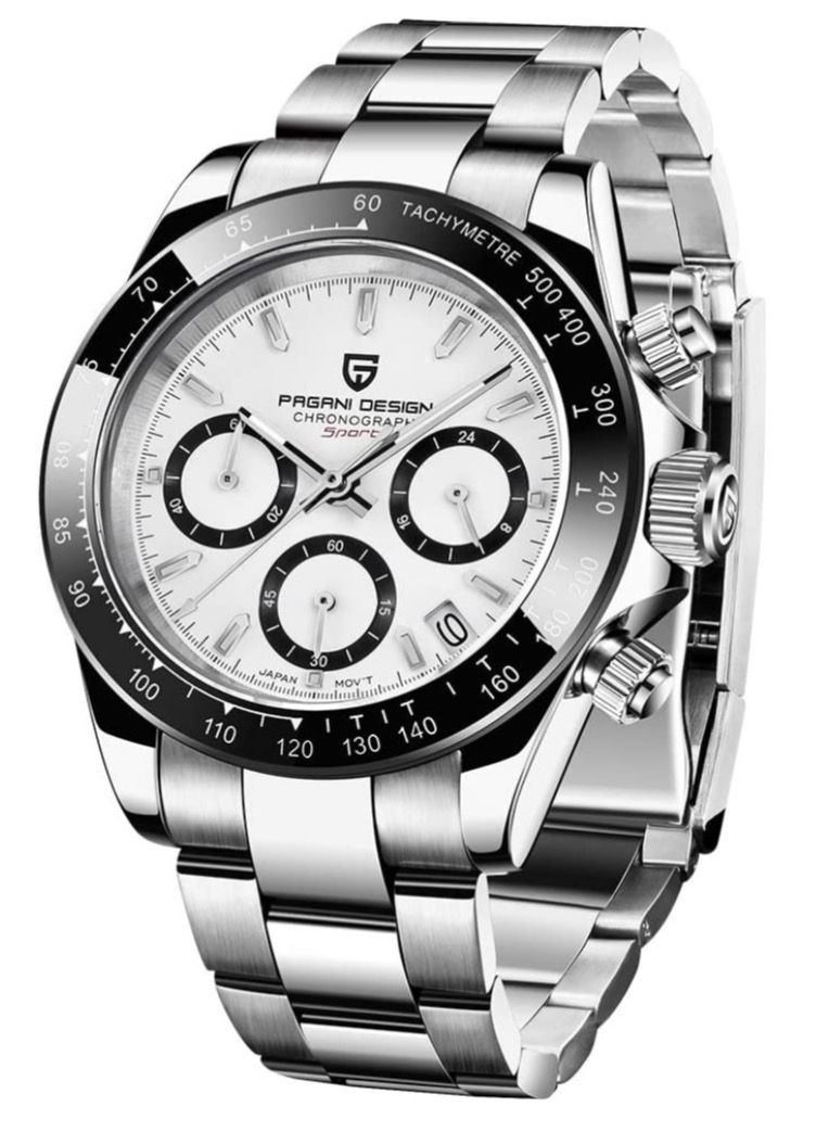 Men’s Automatic Chronograph Wrist Watch with White Dial a d Black Bezel