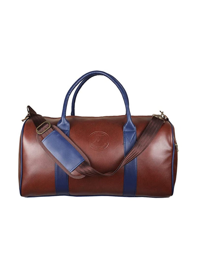MOUNTHOOD Duffel / Duffle Tote Bag- Premium Quality Long Lasting PU Leather. Travel Weekender/Overnight Duffel luggage Bag Gym/Sports bag for Men & Women. (Tan/blue)