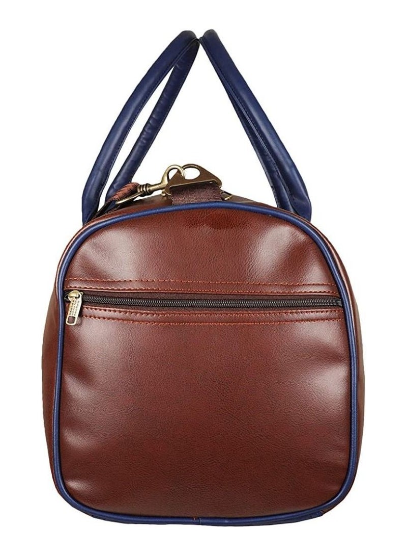 MOUNTHOOD Duffel / Duffle Tote Bag- Premium Quality Long Lasting PU Leather. Travel Weekender/Overnight Duffel luggage Bag Gym/Sports bag for Men & Women. (Tan/blue)