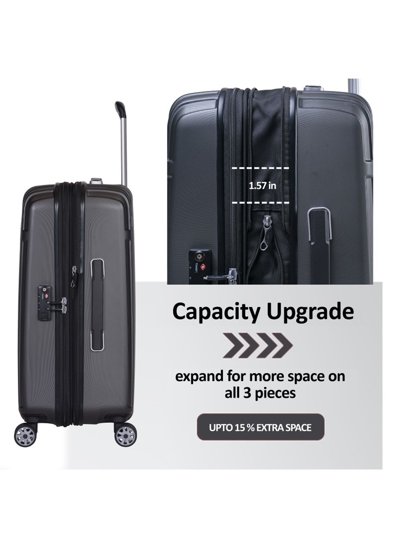 Hard Case Trolley Luggage Set of 3 Makrolon Polycarbonate Lightweight Expandable Zipper Travel Bags And Robust 4 Quiet Wheels With TSA Lock Kg82 Black