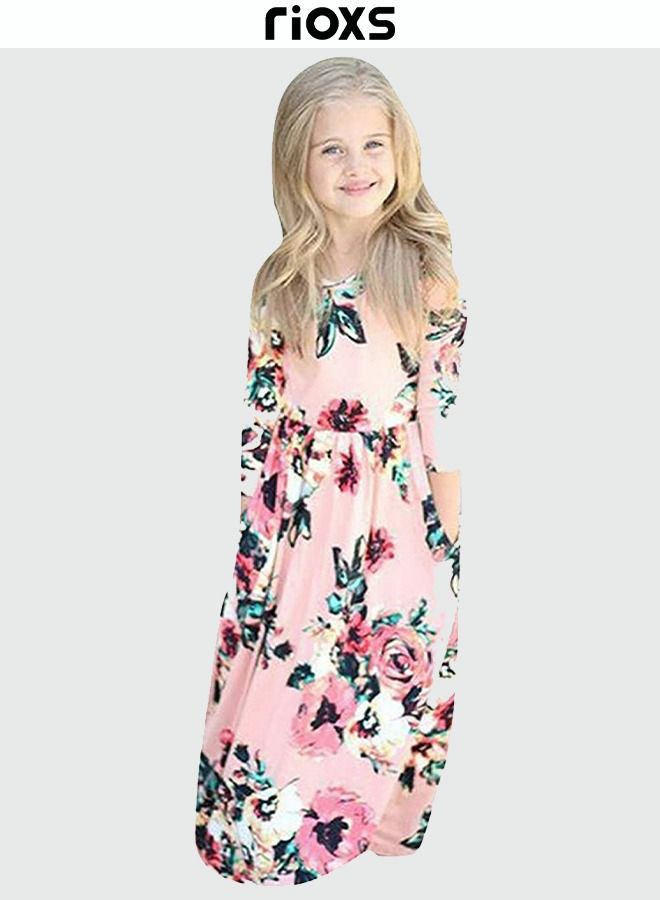 Toddler Girls Long Sleeve Maxi Dress Round Neck Floral Printed Dresses Casual Loose Long Dress With Pockets