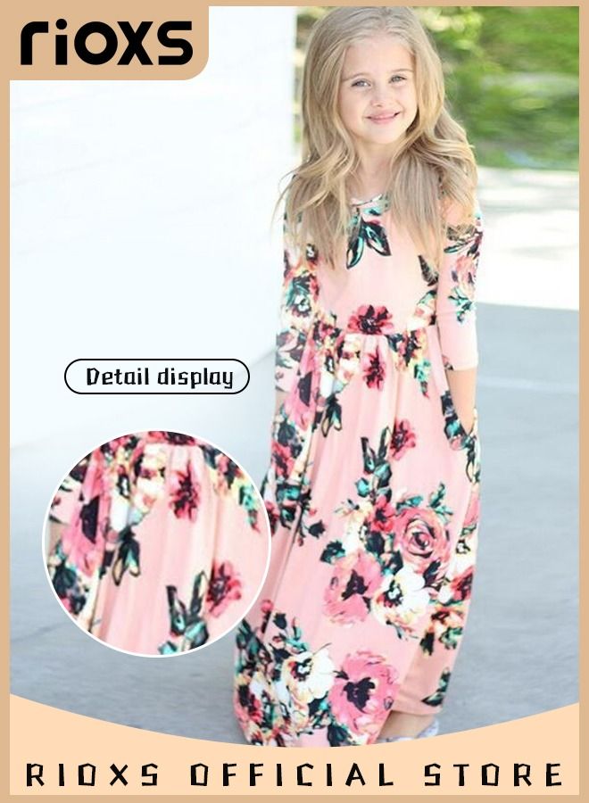 Toddler Girls Long Sleeve Maxi Dress Round Neck Floral Printed Dresses Casual Loose Long Dress With Pockets