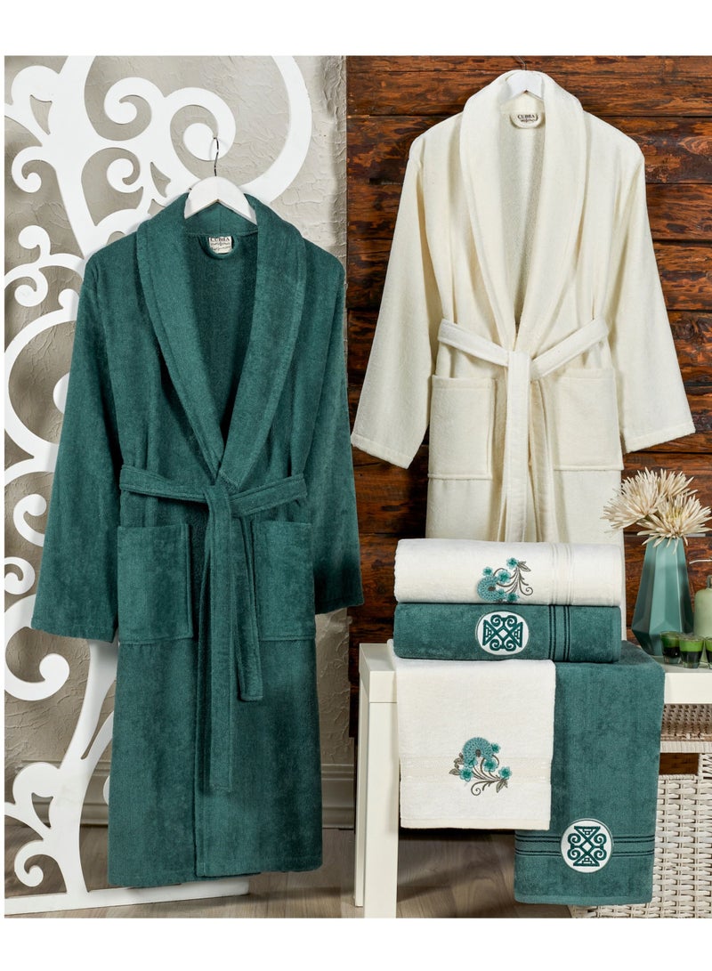 6-Piece Turkish Velour Cotton Couple Bathrobe Set with Matching Bath Towels and Hand Towels Dark Green/Ivory