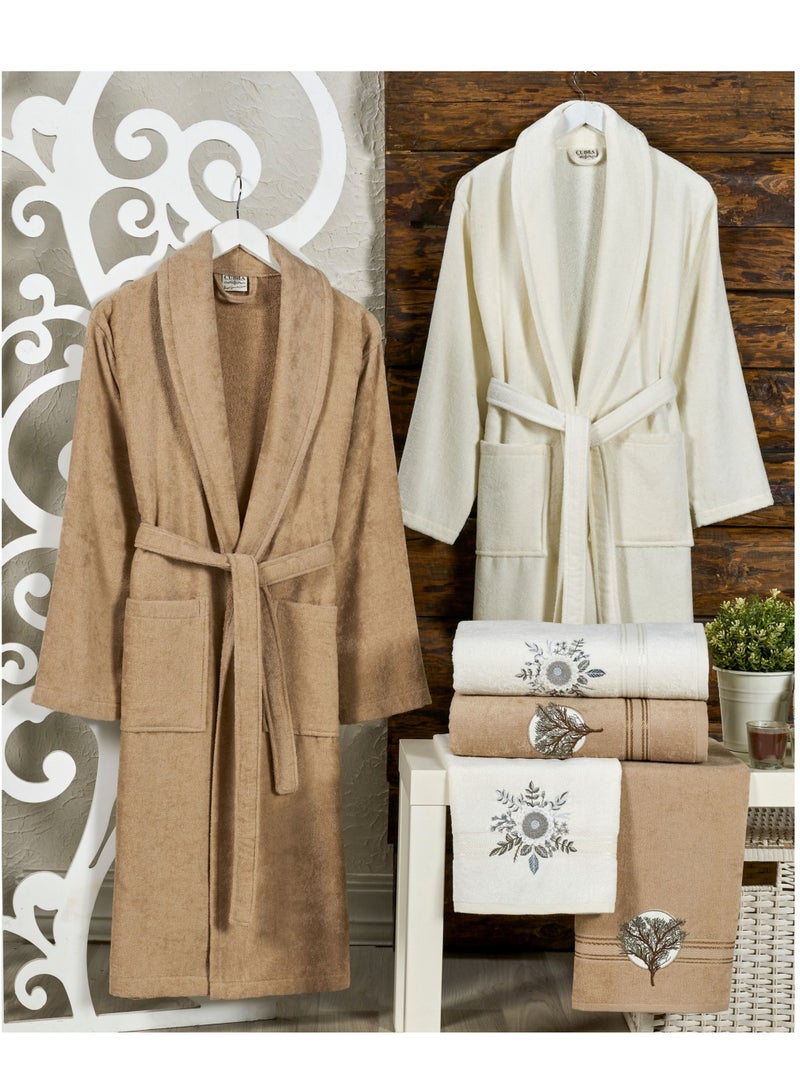 6-Piece Turkish Velour Cotton Family Bathrobe Set with Matching Bath Towels and Hand Towels Brown/Ivory