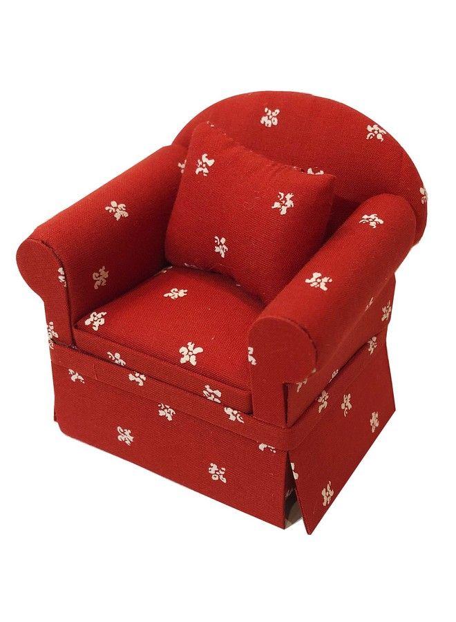 Dollhouse Sofa Chair With A Throw Pillow, Miniature Living Room Furniture Armchair, Red With White Dots Fabric, Accessories For 6 Inch Dolls, 1/12 Scale