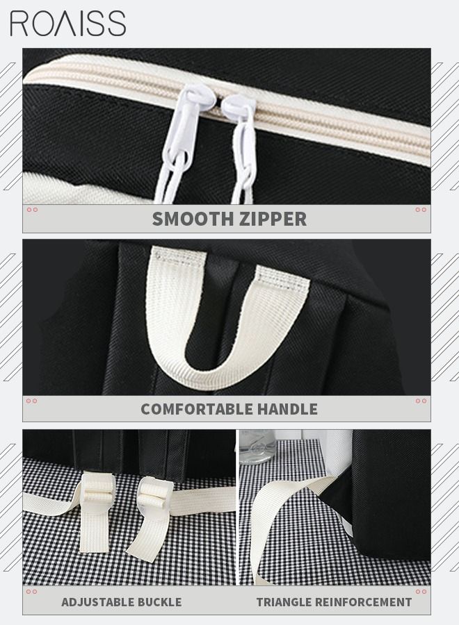 5 Pcs Letter Graphic Colorblock Backpack Set Cute Sweet Large Capacity School Bag Shoulder Totes Pencil Case for Kids Girls Middle School Students Black/Grey