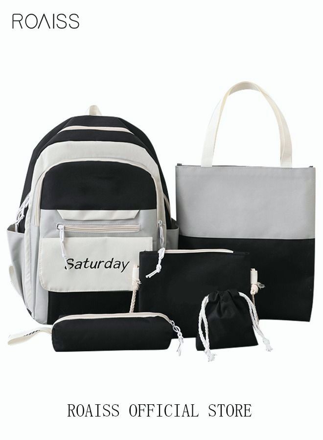 5 Pcs Letter Graphic Colorblock Backpack Set Cute Sweet Large Capacity School Bag Shoulder Totes Pencil Case for Kids Girls Middle School Students Black/Grey