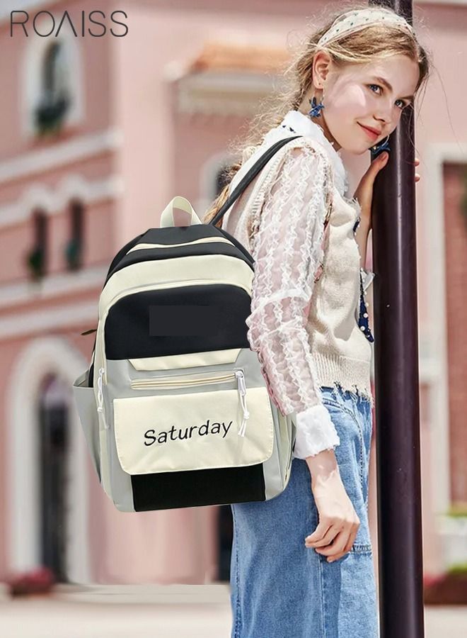 5 Pcs Letter Graphic Colorblock Backpack Set Cute Sweet Large Capacity School Bag Shoulder Totes Pencil Case for Kids Girls Middle School Students Black/Grey