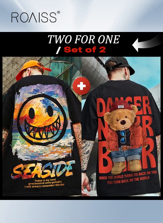 2Pcs Men's T-shirt Loose Version Trendy All-Match Pattern Printing Short Sleeves