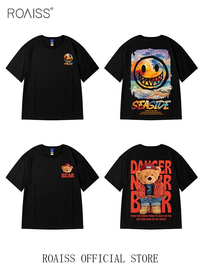 2Pcs Men's T-shirt Loose Version Trendy All-Match Pattern Printing Short Sleeves