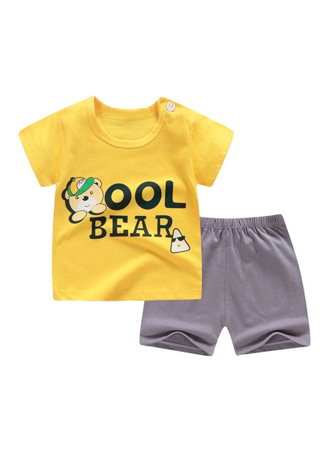 2 Pack Cool Bear Printed T-Shirt And Shorts Yellow/Grey/Green