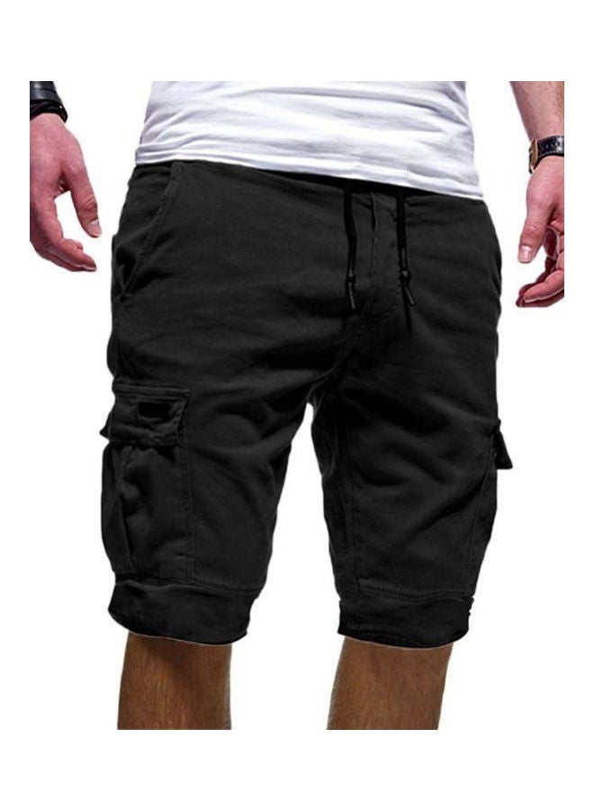 Solid Colour Casual Summer?Cargo Shorts Men Sports Jogger Drawstring Fifth Pants Black