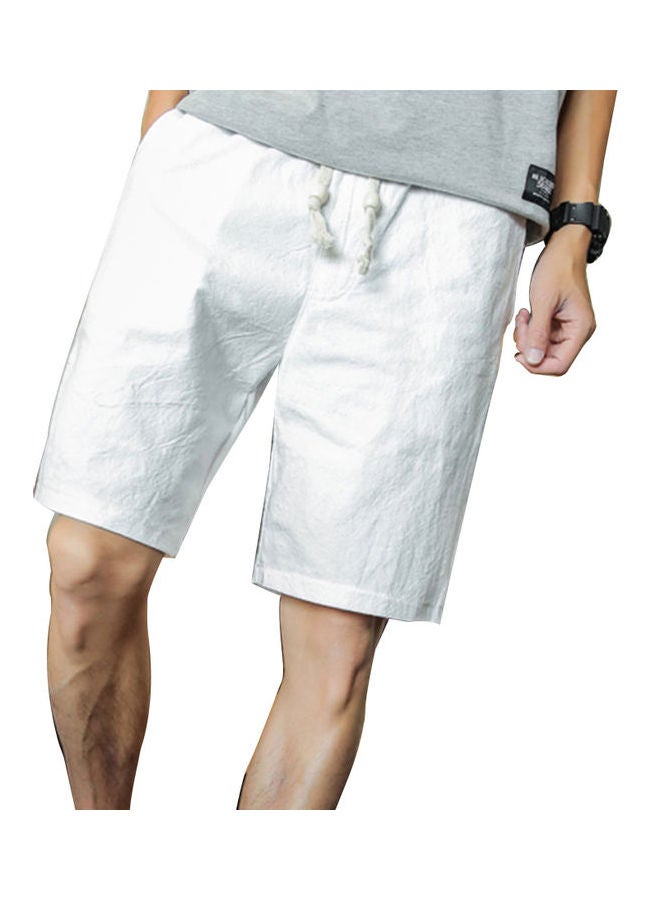 Solid Colour Linen Shorts Summer Men Beach Surfing Sports Drawstring Fifth Pants White