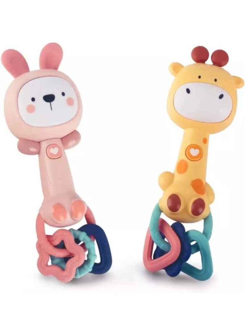 DMG Baby Rattle Toy,2-Pack Teether Rattles Toys Sets,Easy to Hold and Encourage Crawling Early Childhood Toys,Four Modes Education Rattles, Music Lighting