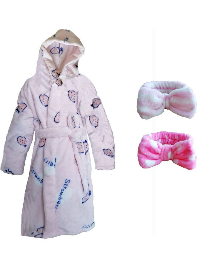 Strawberry Printed Kids Bath Robe With Headbands Beige/Pink