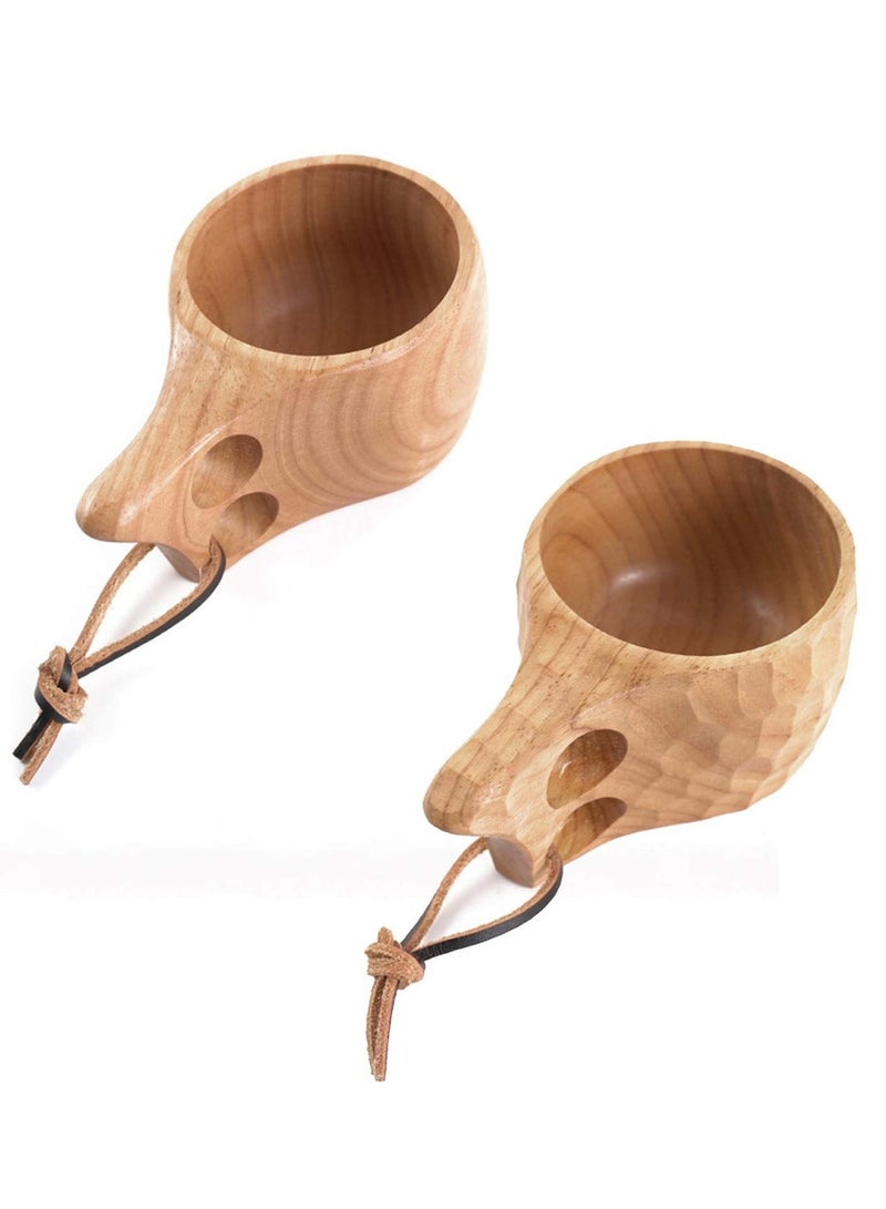Natural Wood Mug, SYOSI 2Pcs Wooden Camping Mug Oak Coffee Cups Handcrafted Outdoor Cup with Leather Lanyard Portable Hiking Tableware