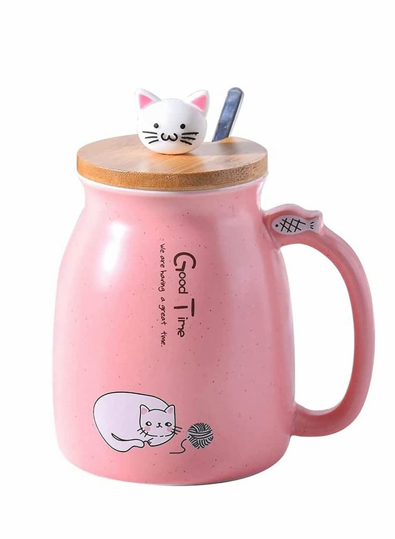 Mug,Cartoon Cat Mug Cute Ceramic Coffee Cup with Lovely 3D Kitty Wooden Lid Stainless and Steel Spoon, Novelty Morning Tea Milk Gift, Children Cup, Office Gifts (450 ML, Pink)