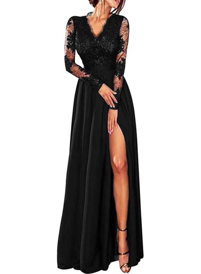 Lace Insert Front Slit Dress Black