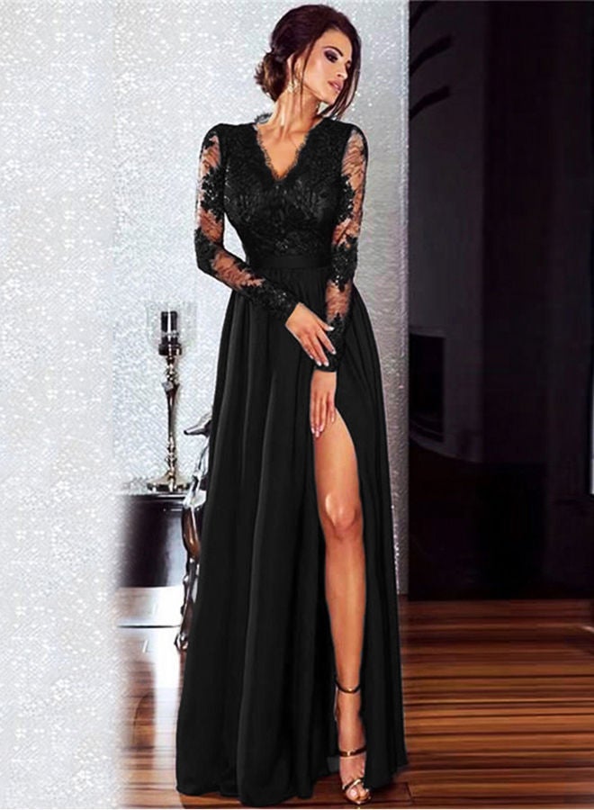 Lace Insert Front Slit Dress Black