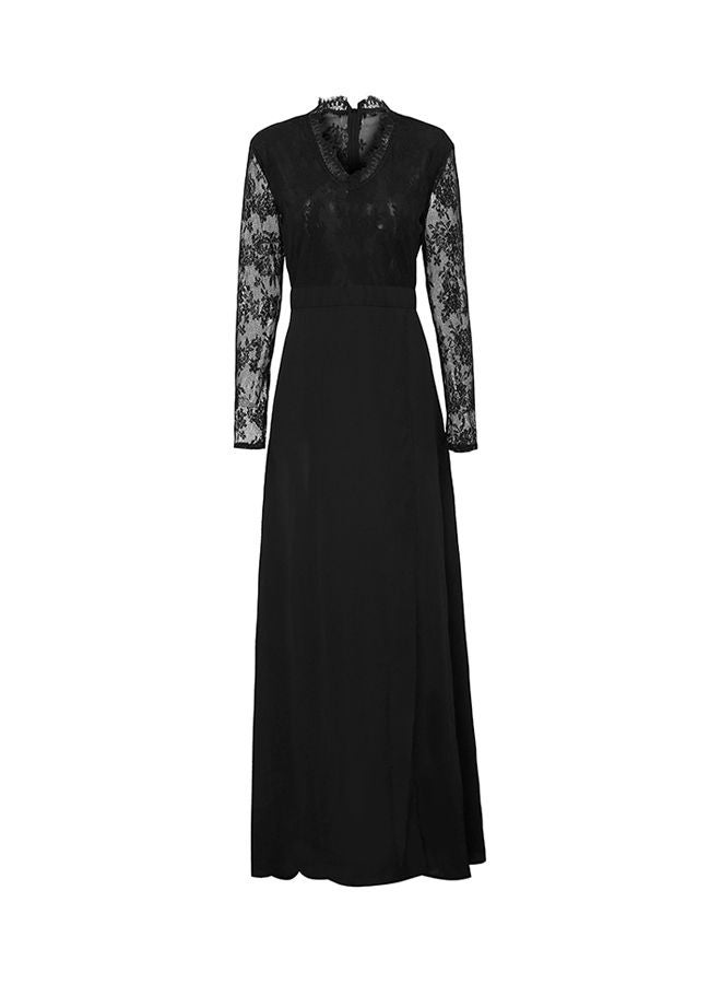 Lace Insert Front Slit Dress Black