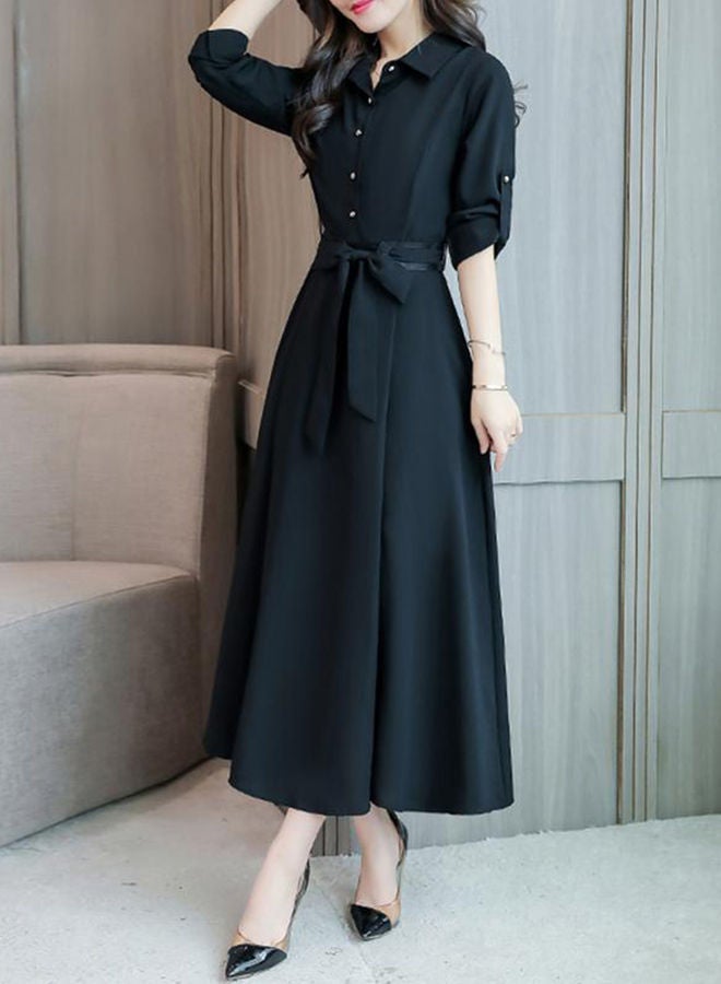 A Line Solid Color Pattern Three-Quarter Sleeve Midi Dress Black