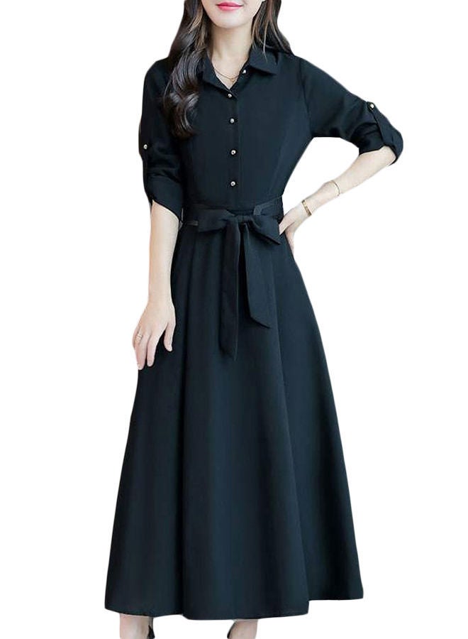 A Line Solid Color Pattern Three-Quarter Sleeve Midi Dress Black