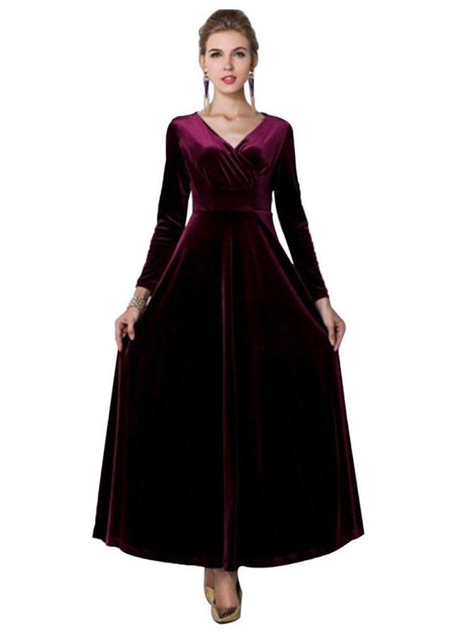 Solid Velvet Draped Long Sleeve A-Line Dress Wine Red