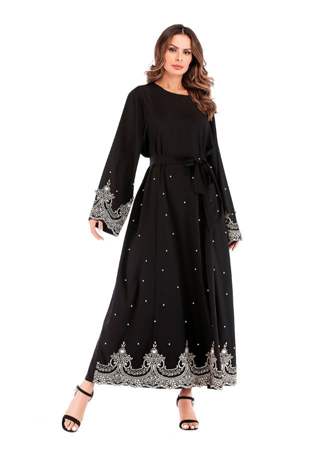 Print Pattern Long Sleeve Maxi Kaftan Dress Black